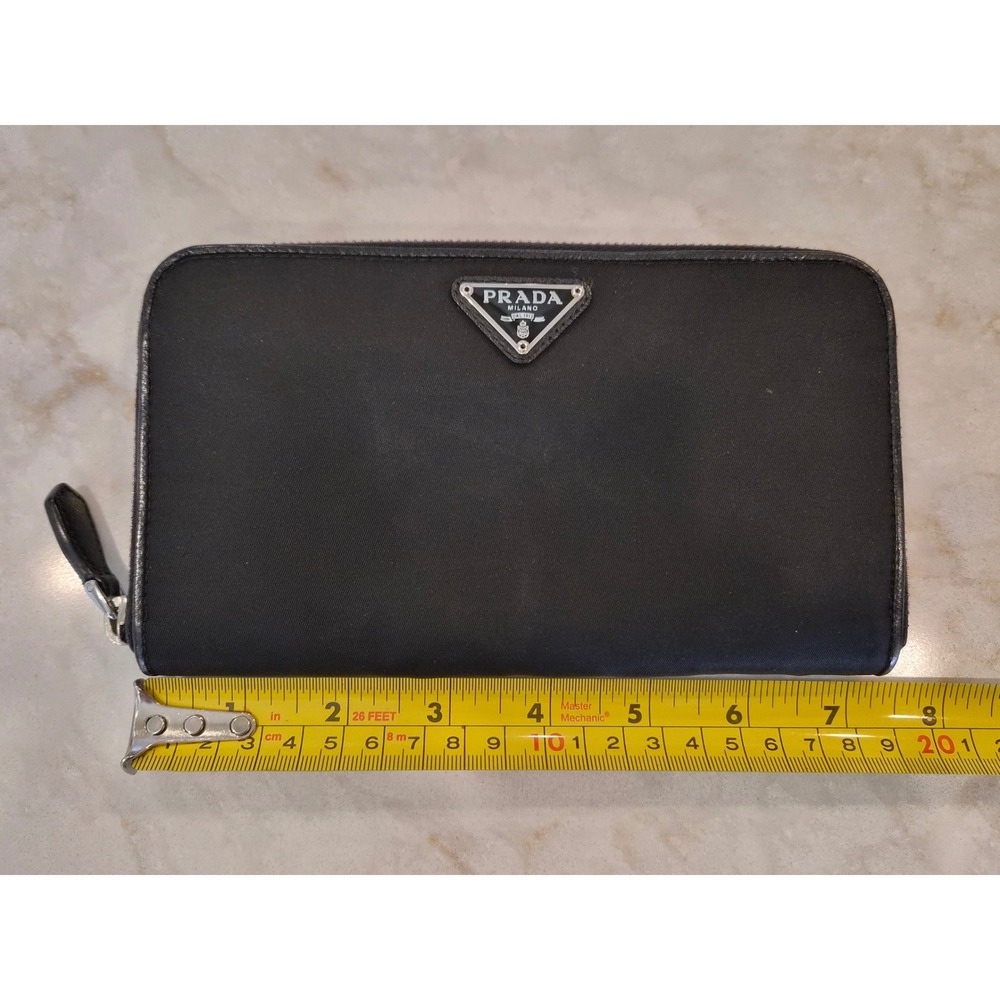 Prada Black Tessuto Nylon Saffiano Leather Zip Around Continental Wallet Italy